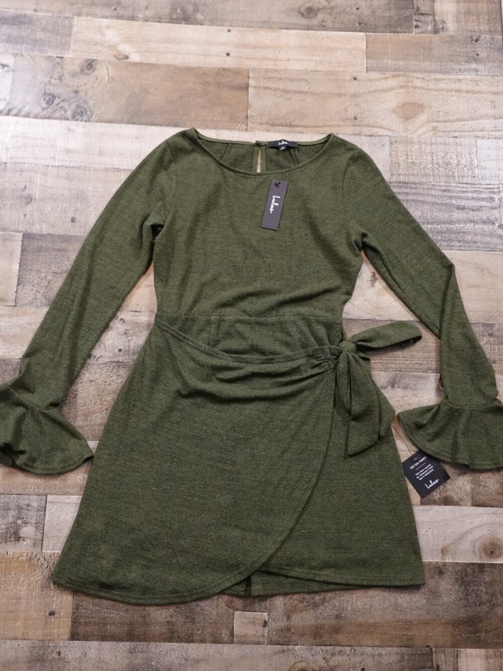 Lulus Favorite Tune Faux Wrap Sweater Dress Women’s Small Olive Green NWT